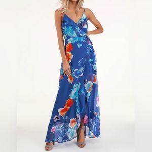 Lulu's Ladean Royal Blue Floral Print Ruffled Wrap Maxi Dress